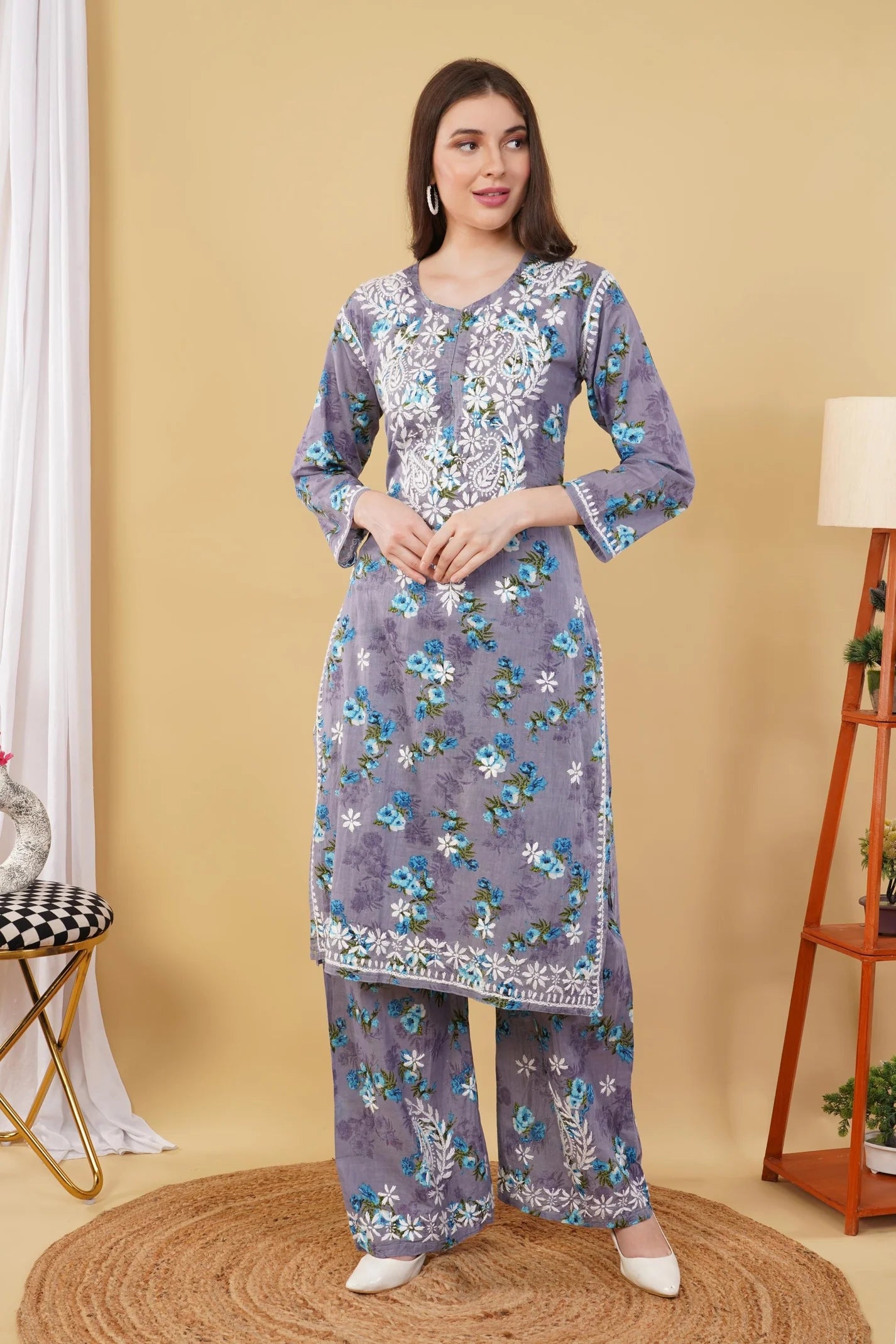 Mul Mul Printed Hand Embraided Kurti and Plazzo Set