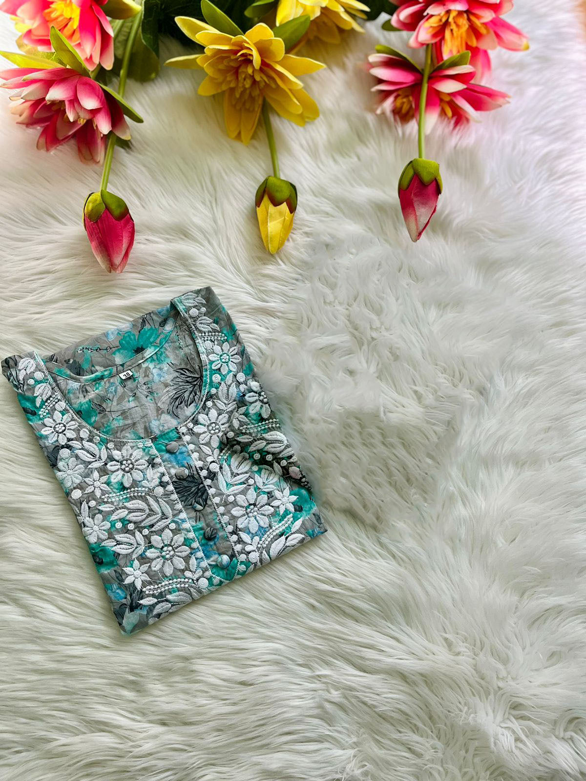 Mul Machine Embroidery printed long Kurti (Buy 1 Get 1 Free)