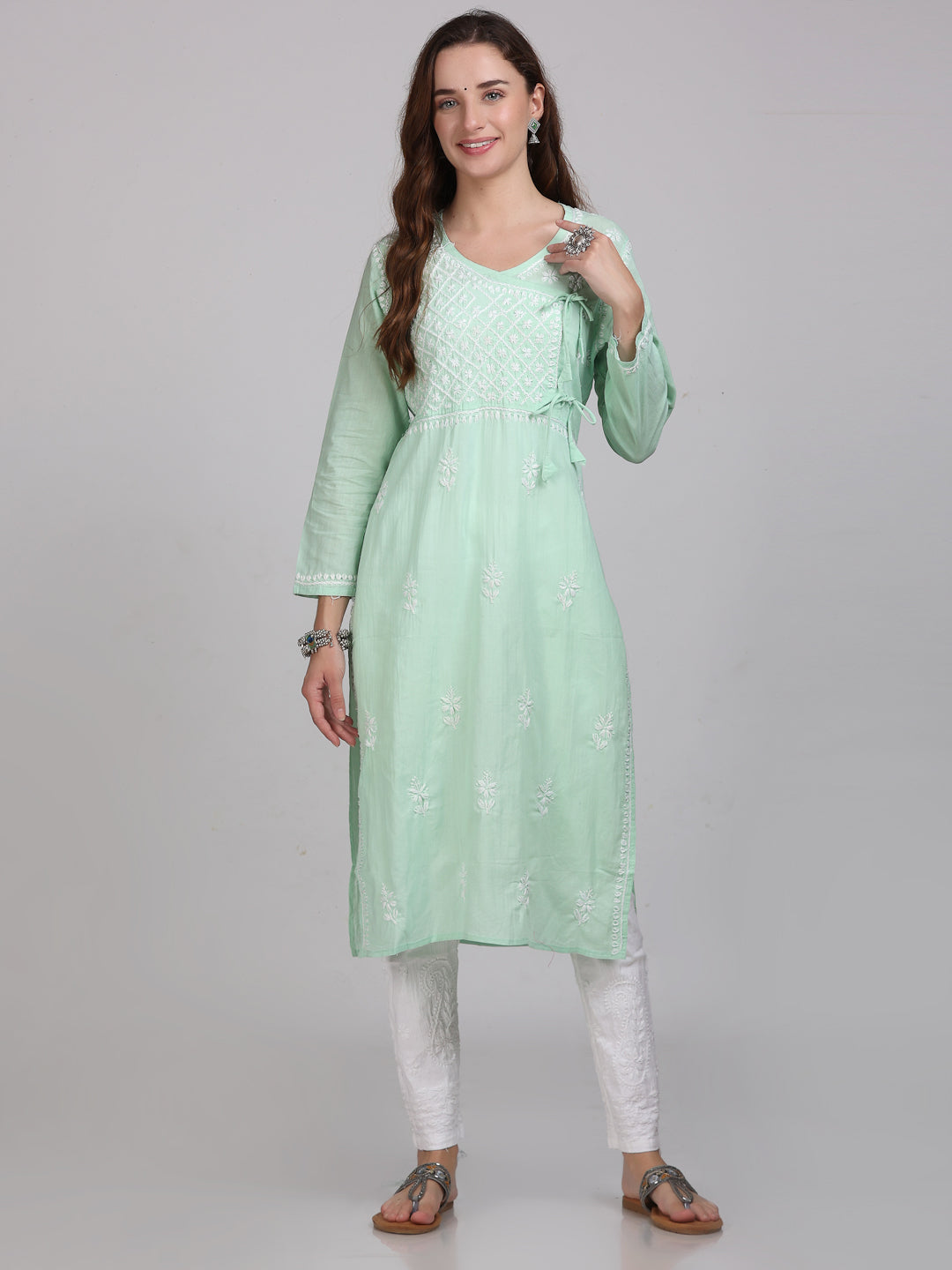 Women's Lucknowi Chikankari Hand Work Cotton Angrakha Style Kurta