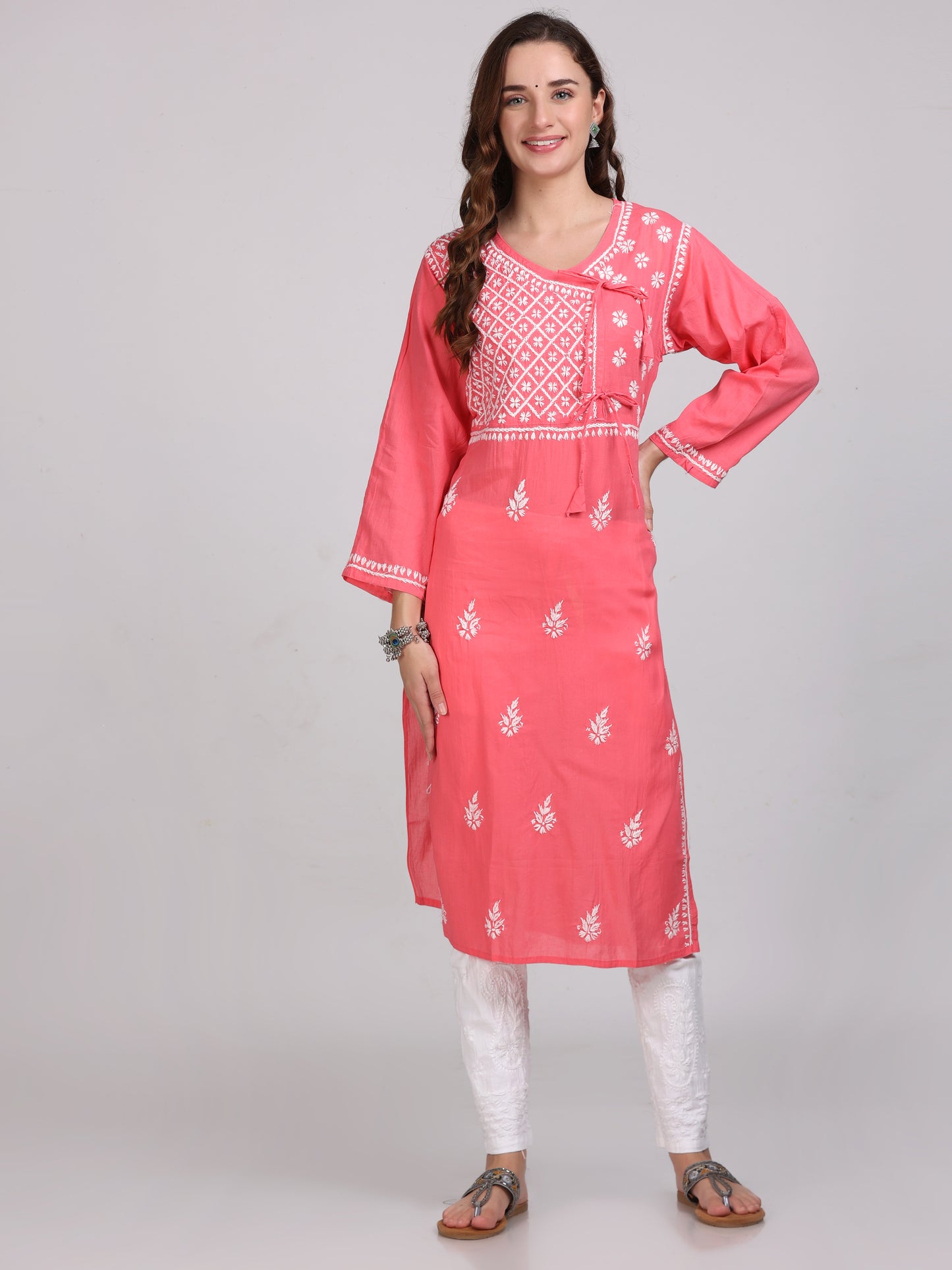 Women's Lucknowi Chikankari Hand Work Cotton Angrakha Style Kurta