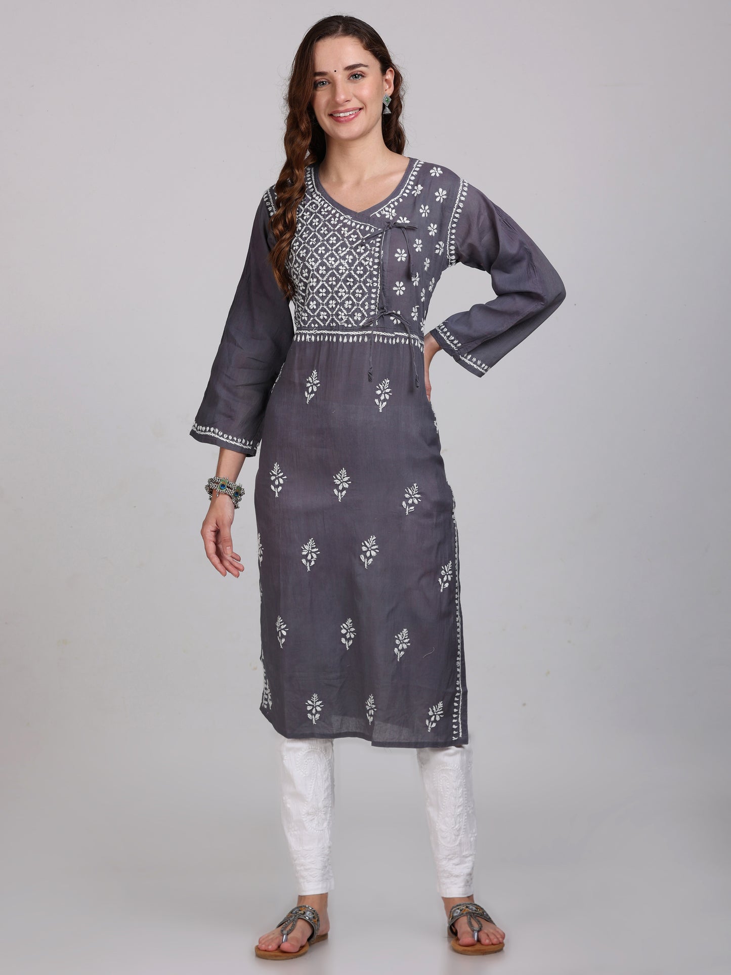 Women's Lucknowi Chikankari Hand Work Cotton Angrakha Style Kurta