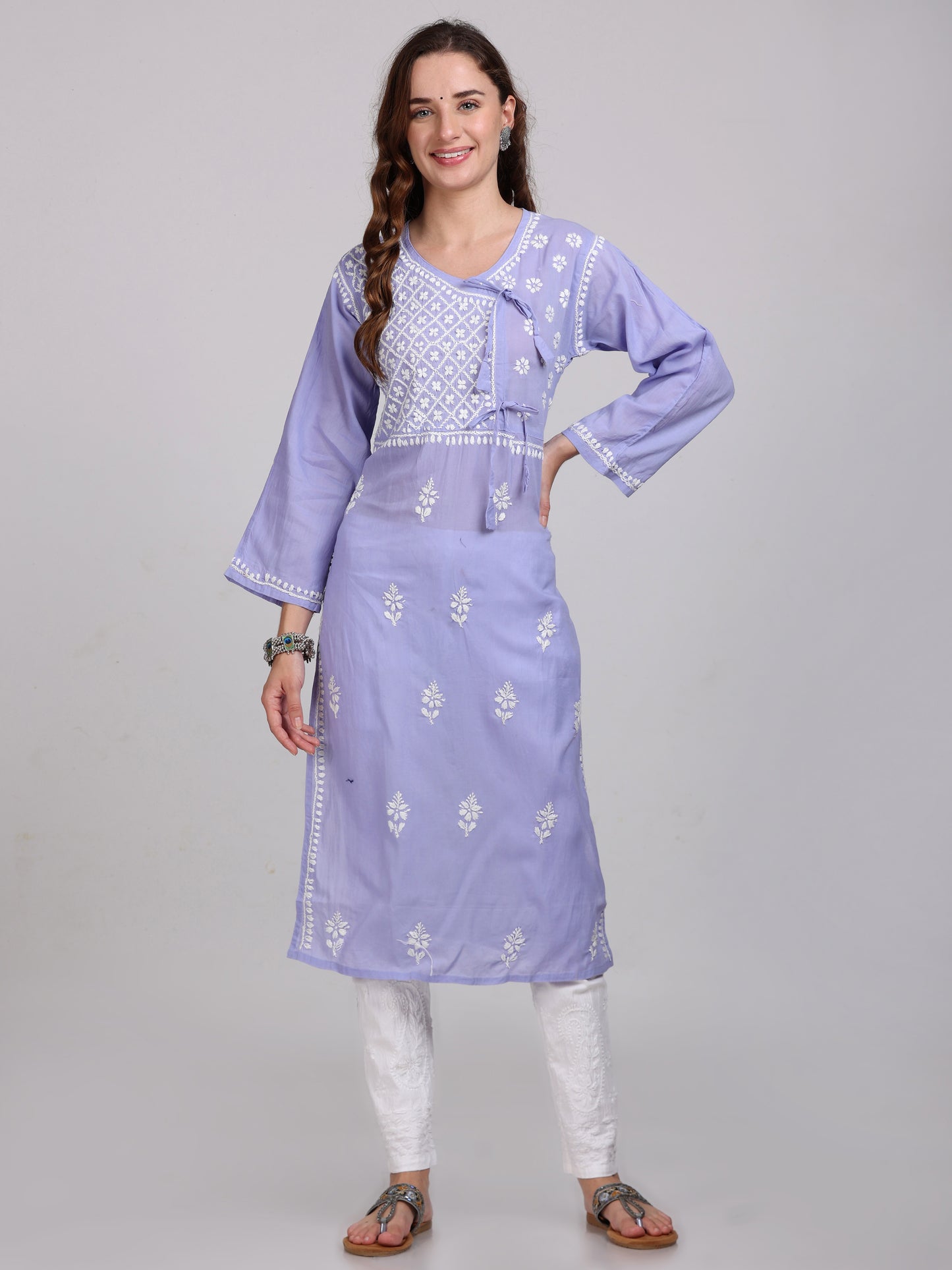 Women's Lucknowi Chikankari Hand Work Cotton Angrakha Style Kurta