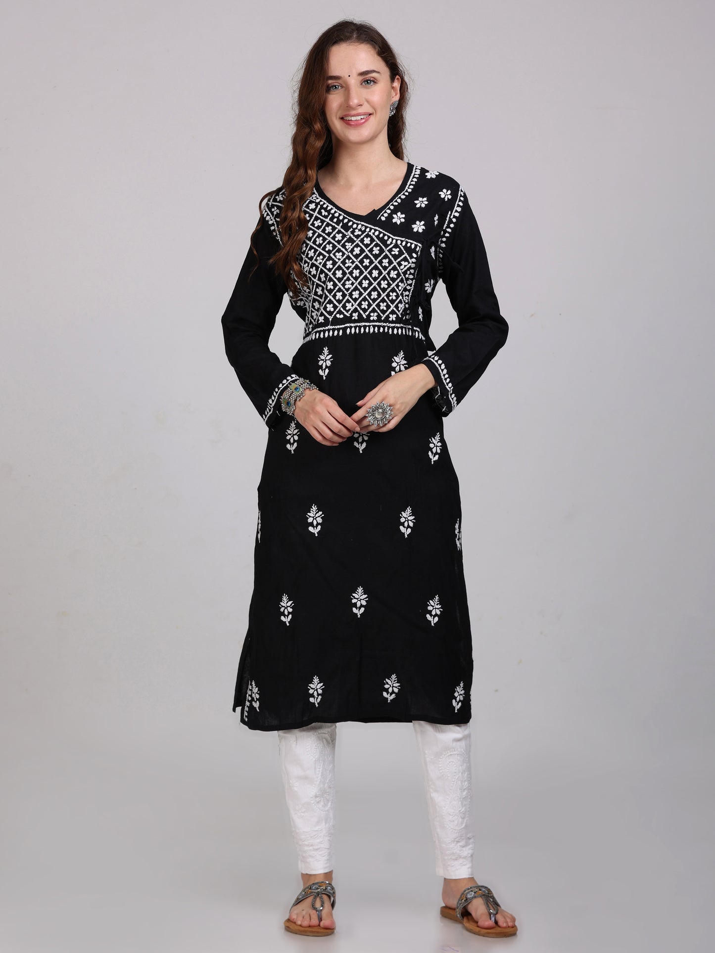 Women's Lucknowi Chikankari Hand Work Cotton Angrakha Style Kurta