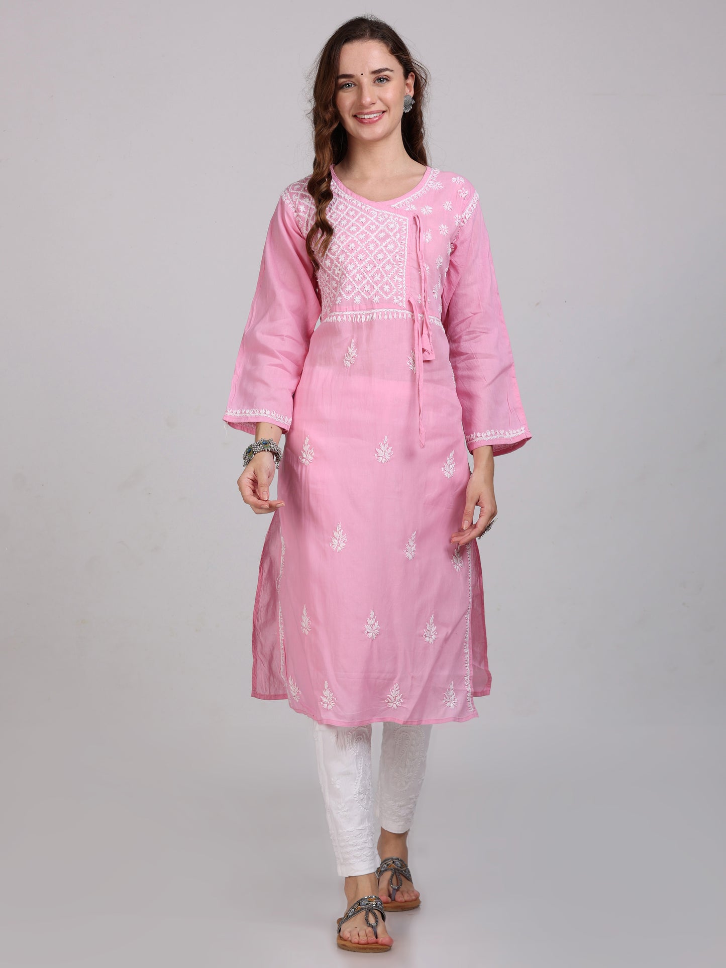 Women's Lucknowi Chikankari Hand Work Cotton Angrakha Style Kurta