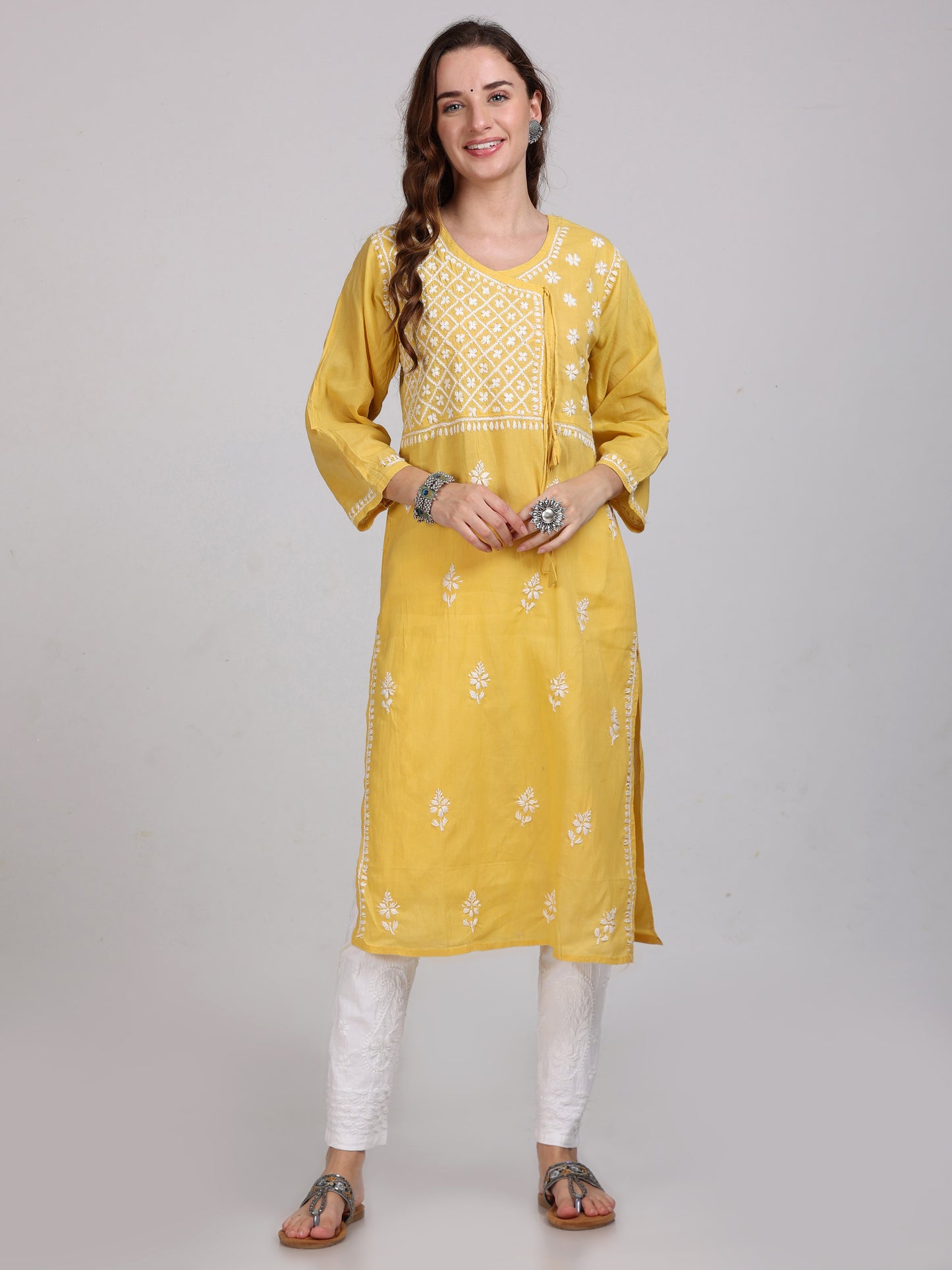 Women's Lucknowi Chikankari Hand Work Cotton Angrakha Style Kurta