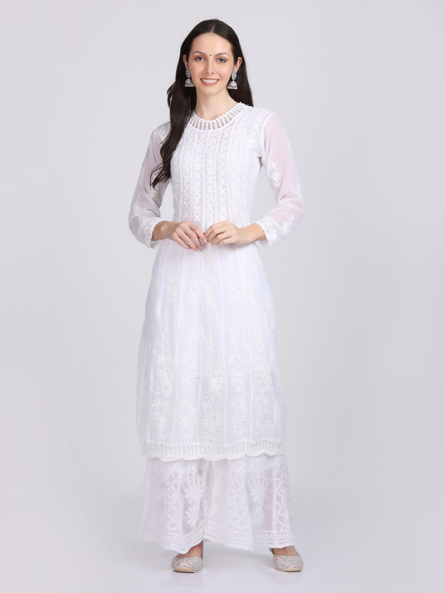 Chikankari Flared Anarkali With Crochet Work With Matching Inner