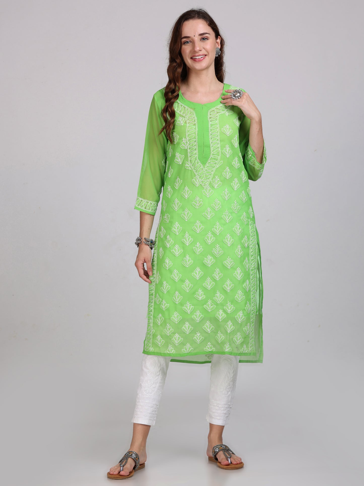 Chikankari Front All-Over Work Chiffon Straight Kurta With Matching Inner