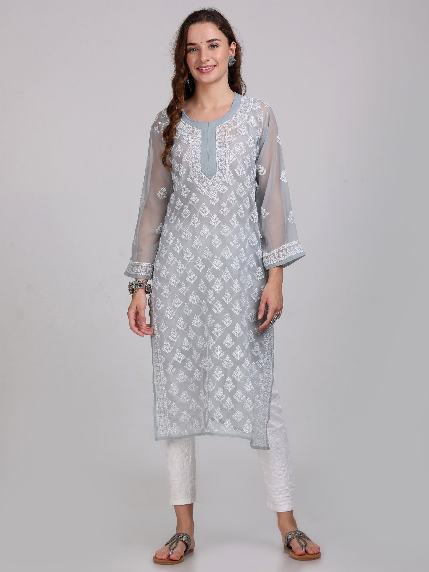 Chikankari Front All-Over Work Chiffon Straight Kurta With Matching Inner