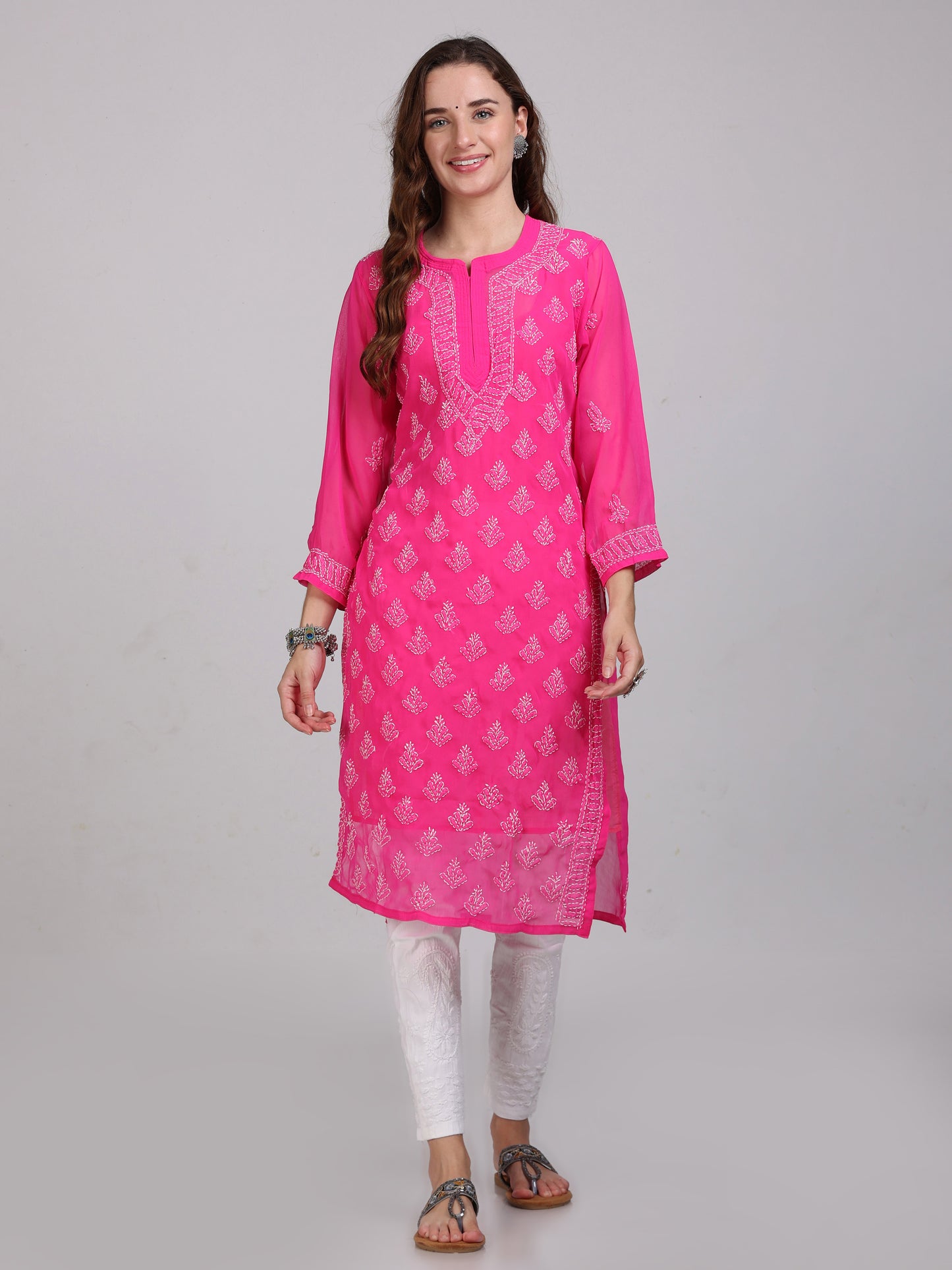 Chikankari Front All-Over Work Chiffon Straight Kurta With Matching Inner