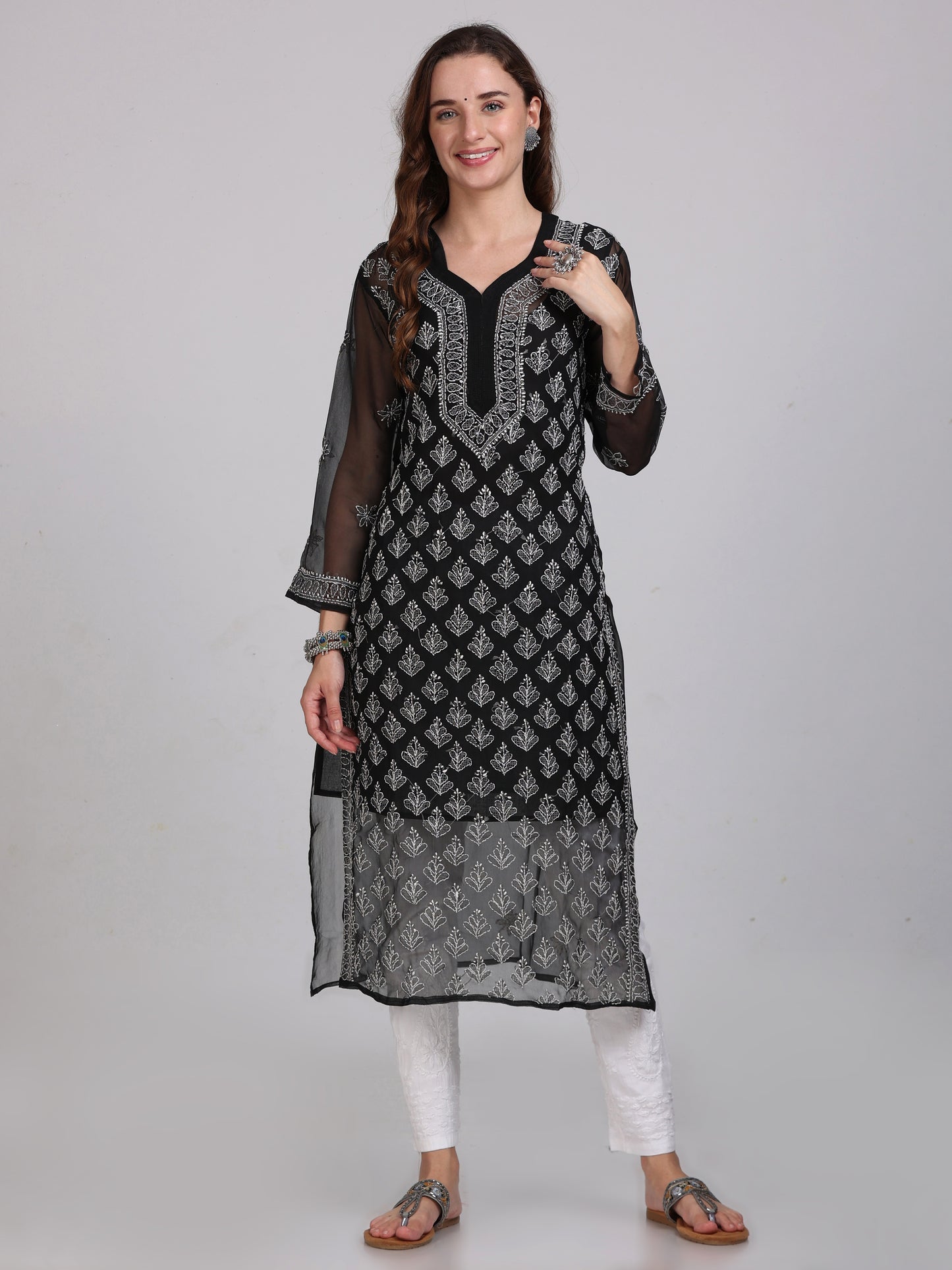 Chikankari Front All-Over Work Chiffon Straight Kurta With Matching Inner