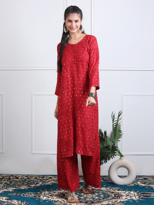 Premium Handwork Chikankari Kurta & Palazzo Set On Chanderi Silk