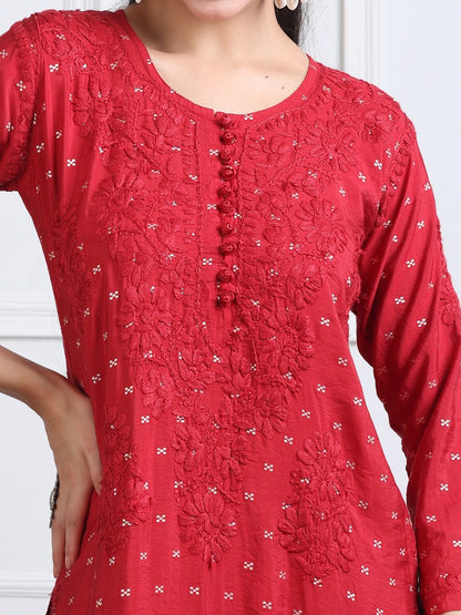 Premium Handwork Chikankari Kurta & Palazzo Set On Chanderi Silk