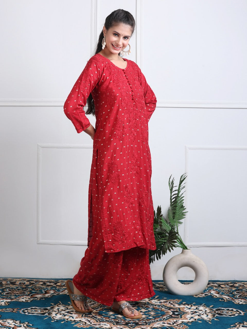 Premium Handwork Chikankari Kurta & Palazzo Set On Chanderi Silk