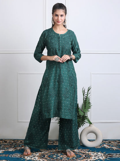 Premium Handwork Chikankari Kurta & Palazzo Set On Chanderi Silk