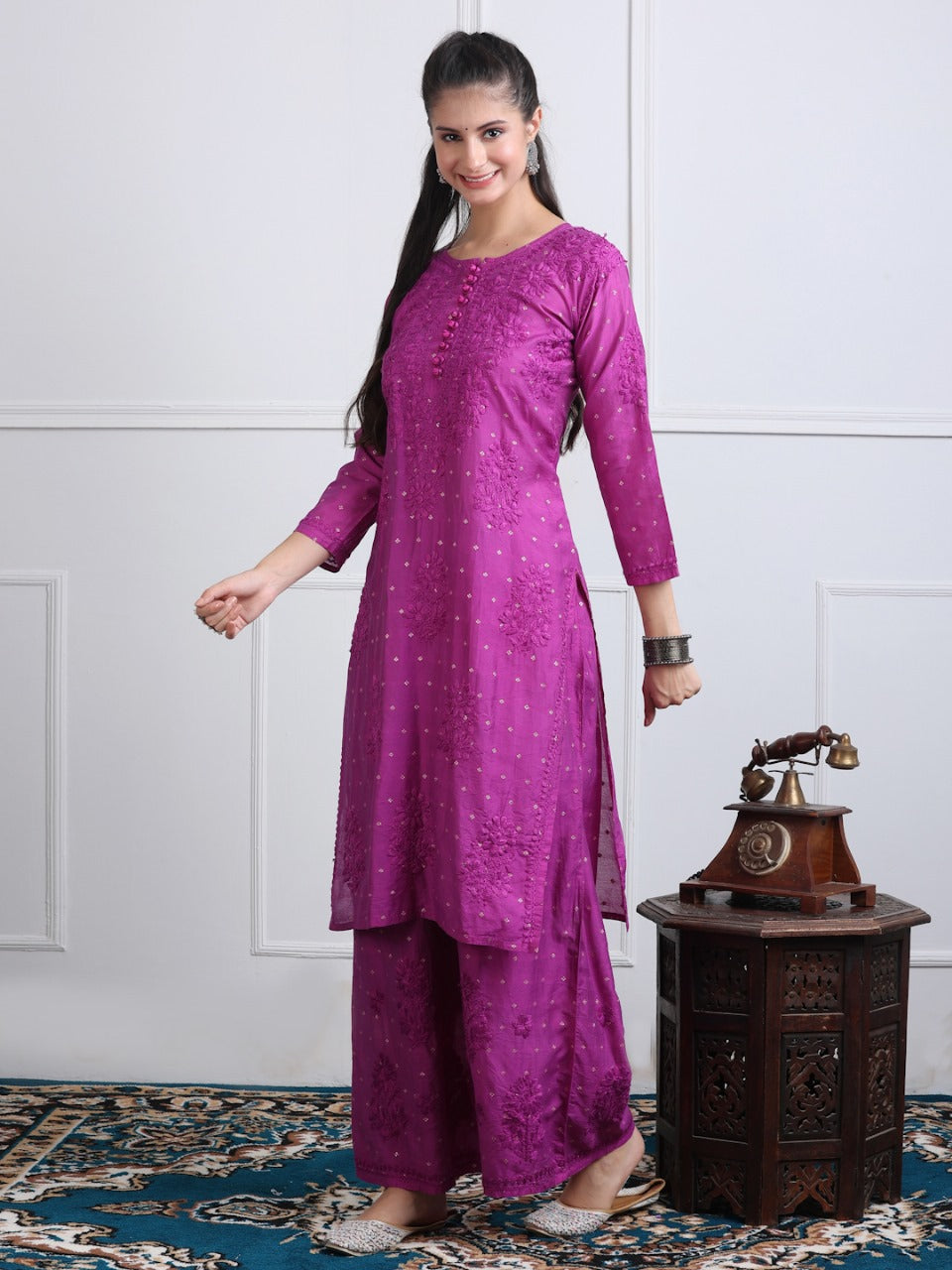 Premium Handwork Chikankari Kurta & Palazzo Set On Chanderi Silk