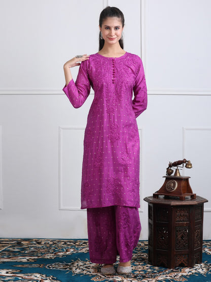 Premium Handwork Chikankari Kurta & Palazzo Set On Chanderi Silk