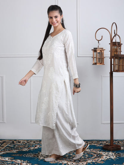 Premium Handwork Chikankari Kurta & Palazzo Set On Chanderi Silk