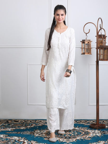 Premium Handwork Chikankari Kurta & Palazzo Set On Chanderi Silk