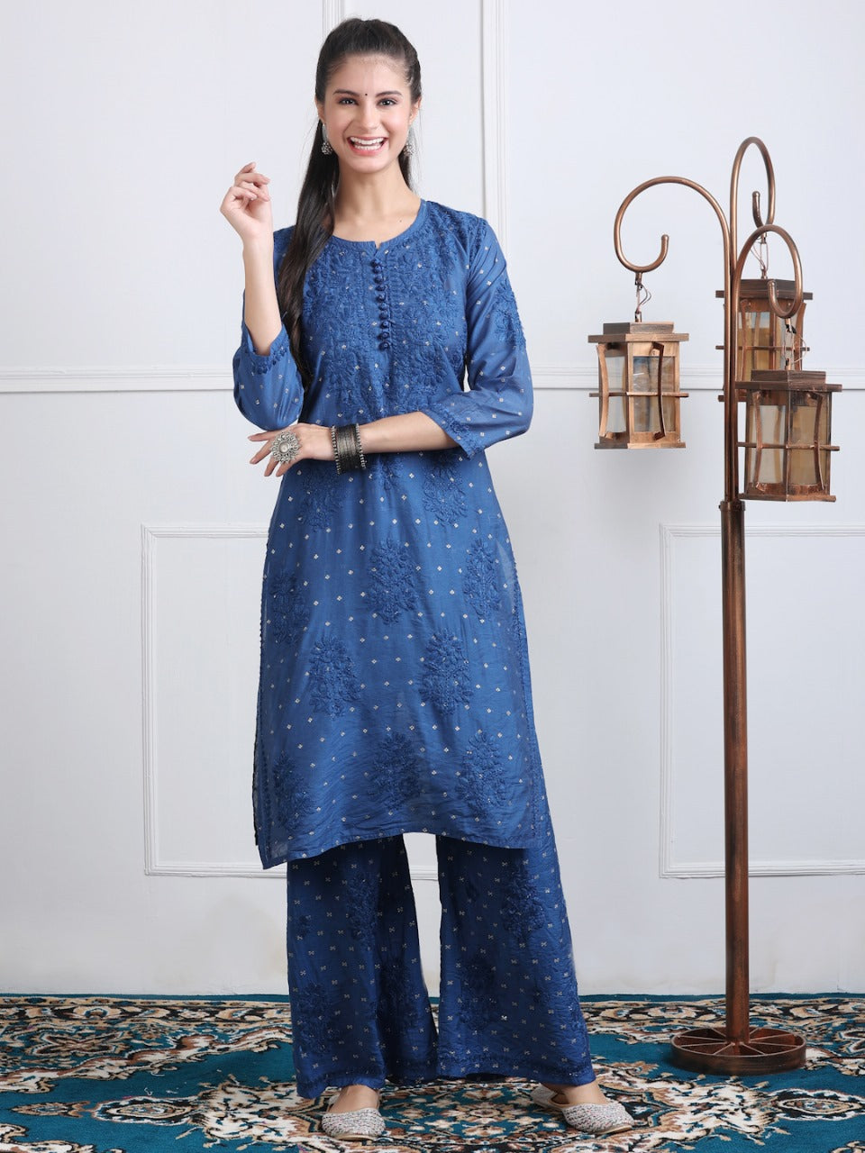 Premium Handwork Chikankari Kurta & Palazzo Set On Chanderi Silk