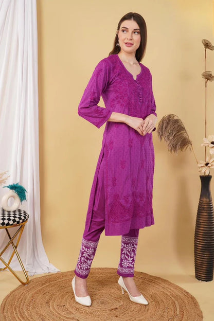 Cotton Dyed Chikankari Co-Ord Straight Kurta Wth Lycra Stretchable Trouser