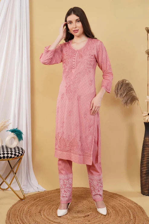 Cotton Dyed Chikankari Co-Ord Straight Kurta Wth Lycra Stretchable Trouser