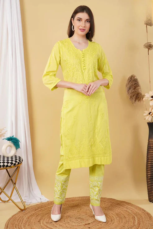 Cotton Dyed Chikankari Co-Ord Straight Kurta Wth Lycra Stretchable Trouser