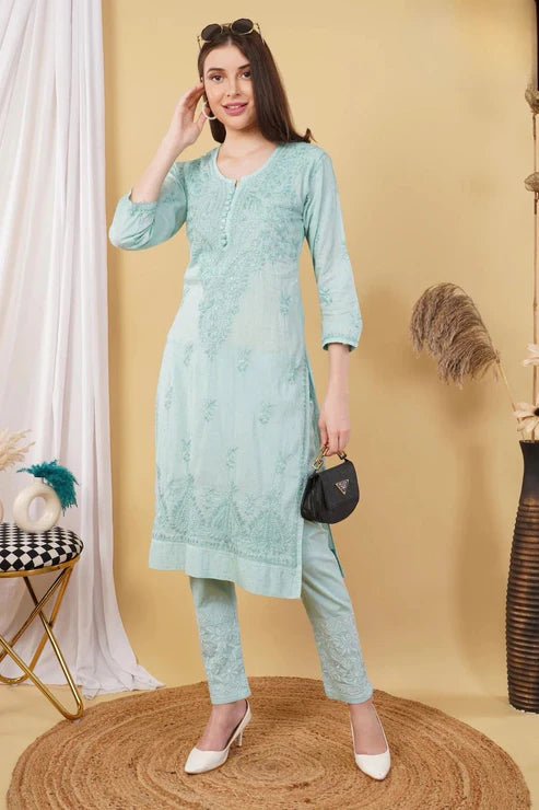 Cotton Dyed Chikankari Co-Ord Straight Kurta Wth Lycra Stretchable Trouser