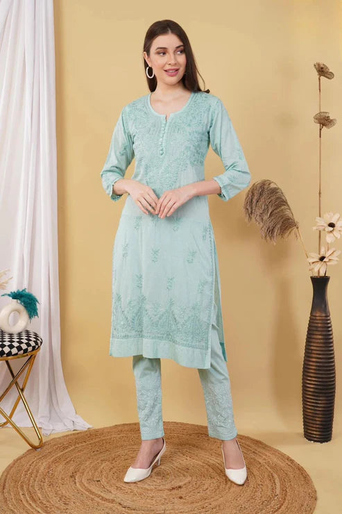 Cotton Dyed Chikankari Co-Ord Straight Kurta Wth Lycra Stretchable Trouser