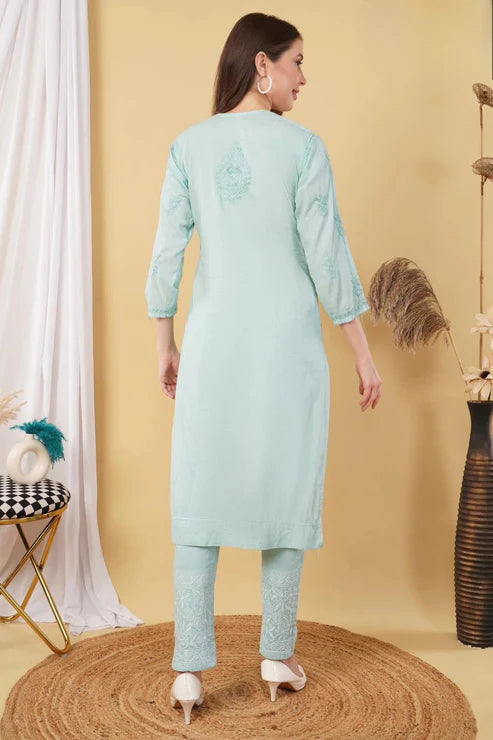 Cotton Dyed Chikankari Co-Ord Straight Kurta Wth Lycra Stretchable Trouser