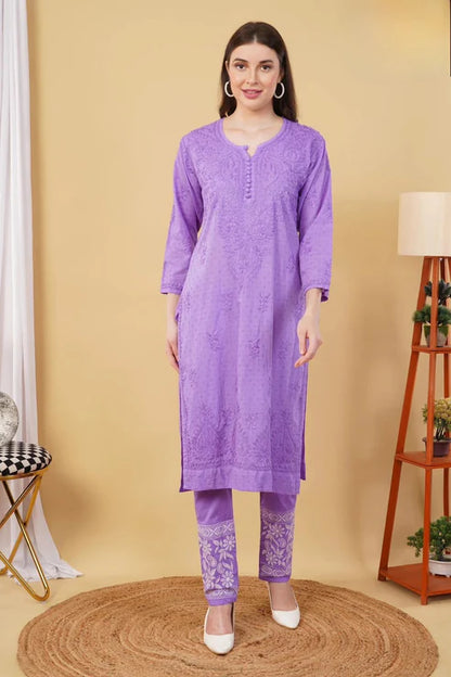 Cotton Dyed Chikankari Co-Ord Straight Kurta Wth Lycra Stretchable Trouser