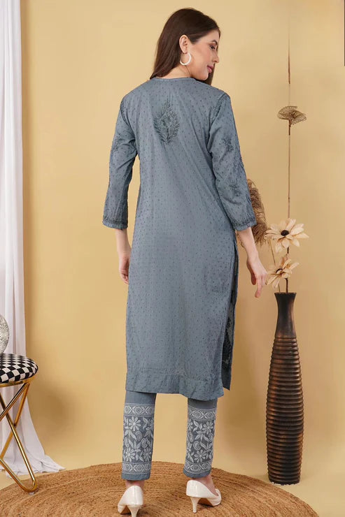 Cotton Dyed Chikankari Co-Ord Straight Kurta Wth Lycra Stretchable Trouser