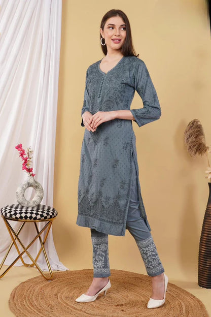 Cotton Dyed Chikankari Co-Ord Straight Kurta Wth Lycra Stretchable Trouser